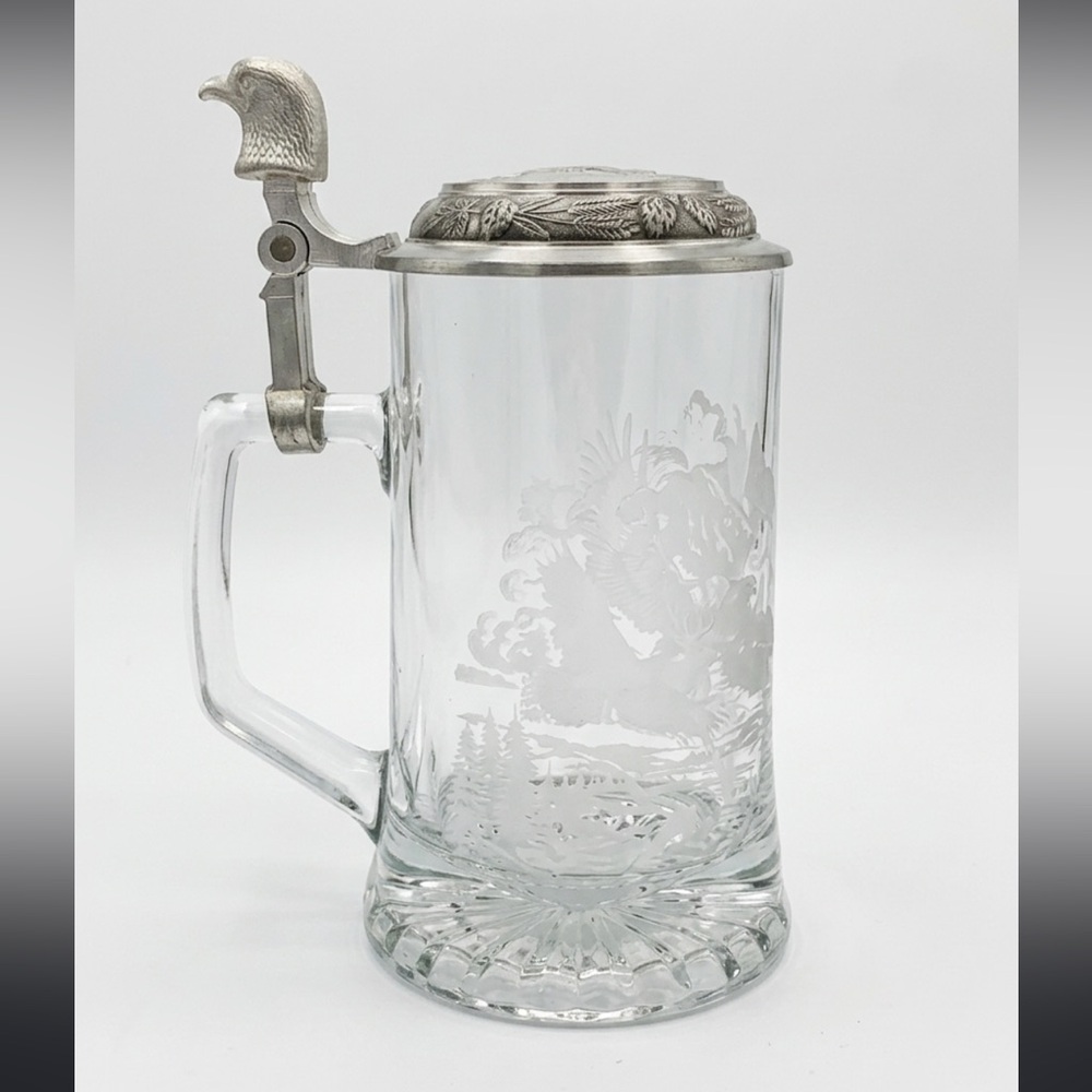 Vintage Domex Clear Glass etched eagle Beer Stein Mug / Tankard pewter lid